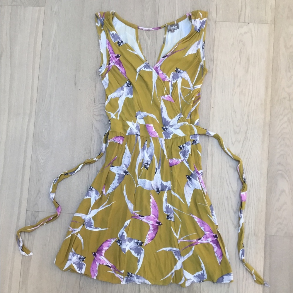 Yellow, White, and Pink Swallow Pleated Wrap Sundress